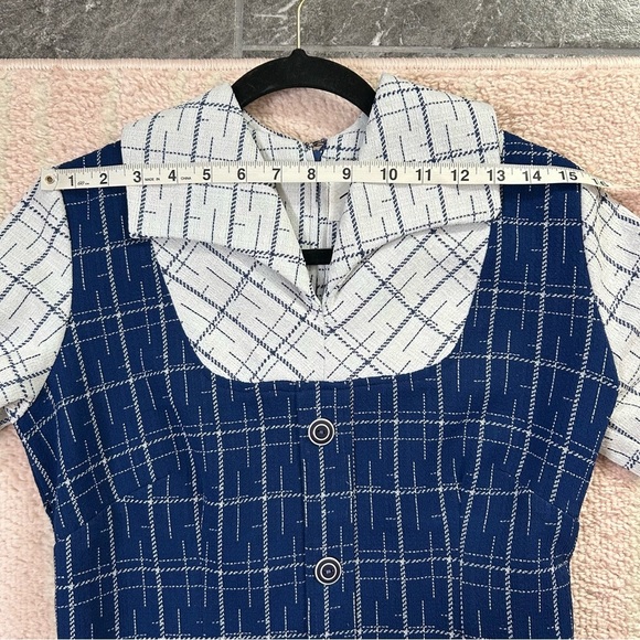 Vintage 1960s Navy and Off White Plaid Midi Dress Drop Waist Tie Belt Size 8 - Picture 5 of 12